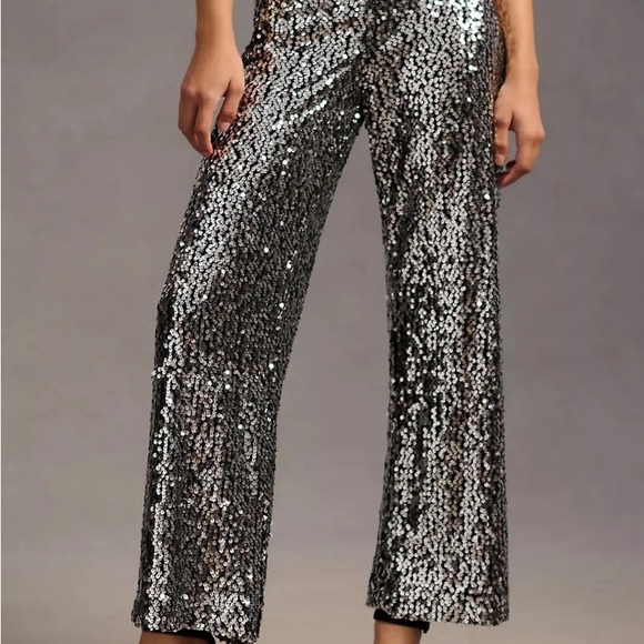Anthropologie The Colette Cropped Wide-Leg Sequin Pants Silver Cocktail 26 NEW - Picture 5 of 8